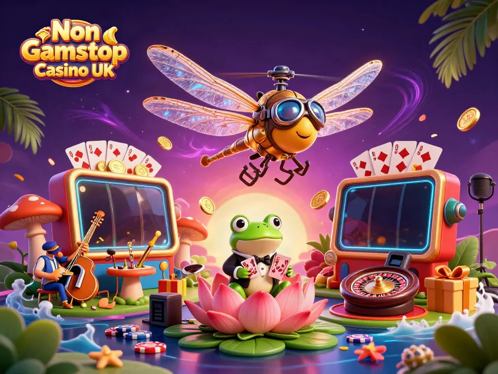 Experience the thrill of Non Gamstop Casino UK with a vibrant 3D scene filled with casino elements.