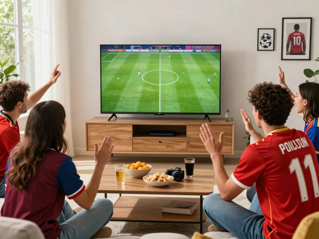 Socolive streaming football match with friends in a stylish living room.