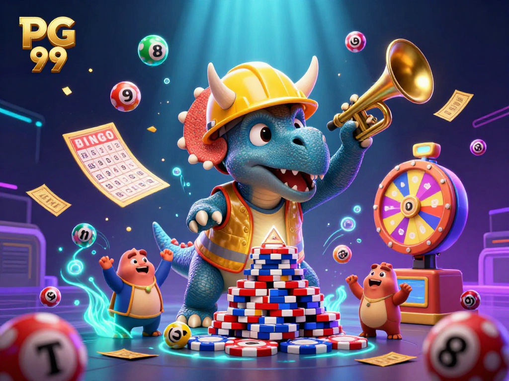 Play thrilling games and win at PG 99, featuring a vibrant casino scene with cheerful characters.