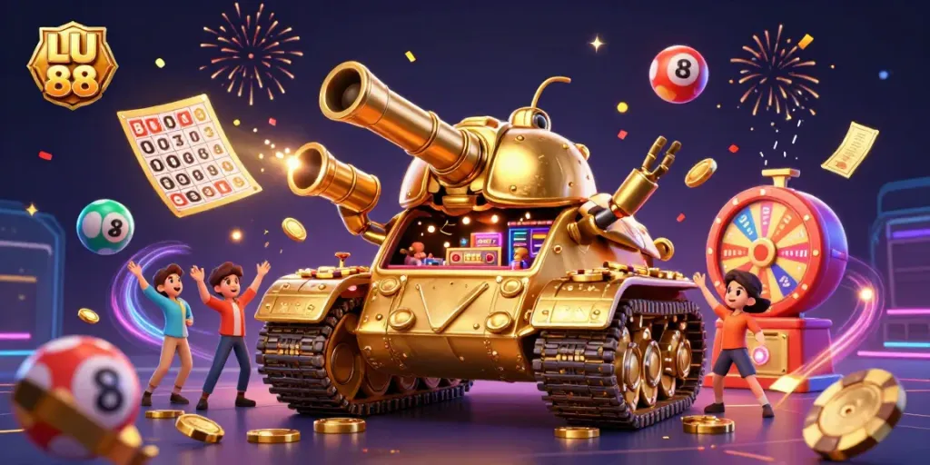 Experience the vibrant dynamics of LU 88 with a massive golden beetle tank casino in an energetic celebration.