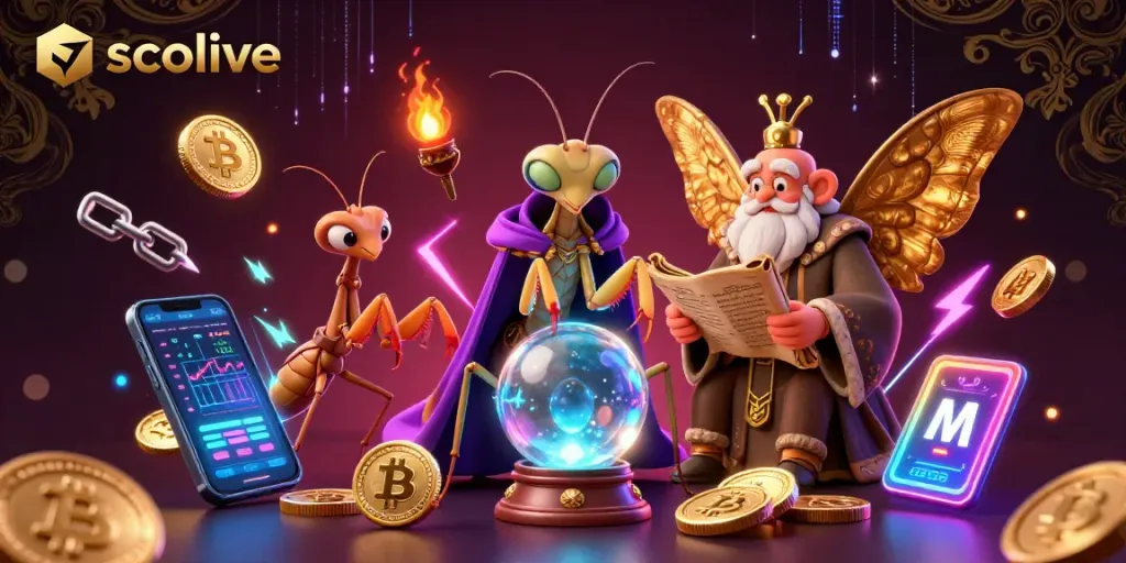 Socolive showcases a vibrant and dazzling cartoon casino scene filled with crypto-themed elements.