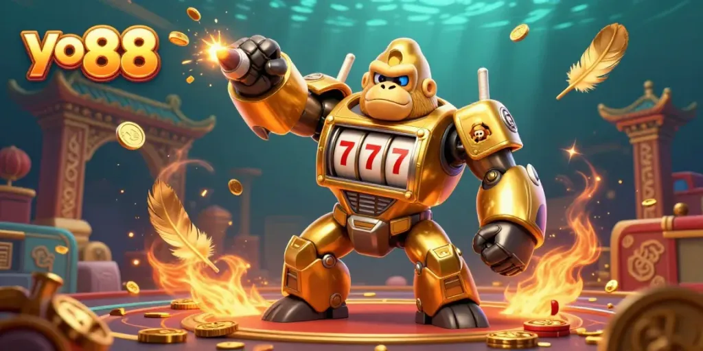 Experience thrilling gaming action with the stunning yo 88 golden gorilla mech in a vibrant casino atmosphere.