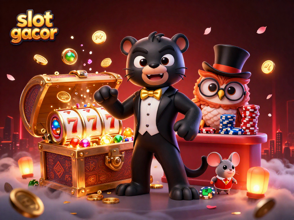 Engaging slot gacor scene with a stylish panther dealing reels and charming characters amidst casino elements.
