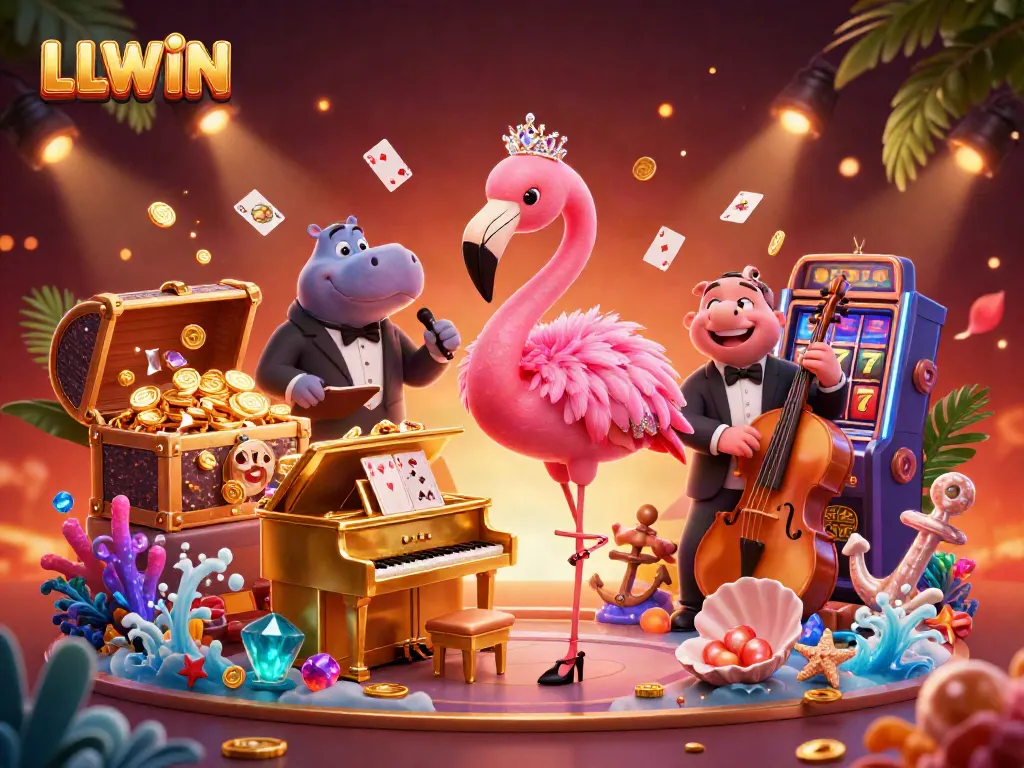 Experience gaming excitement at LLWIN with lively 3D characters and dynamic casino-themed elements.