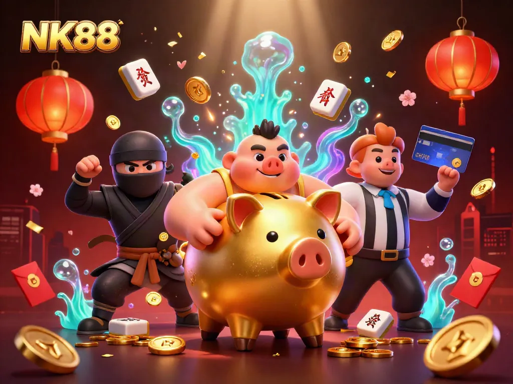 Experience the excitement of NK88 with a sumo wrestler piggy bank, a ninja, and a samurai in action.