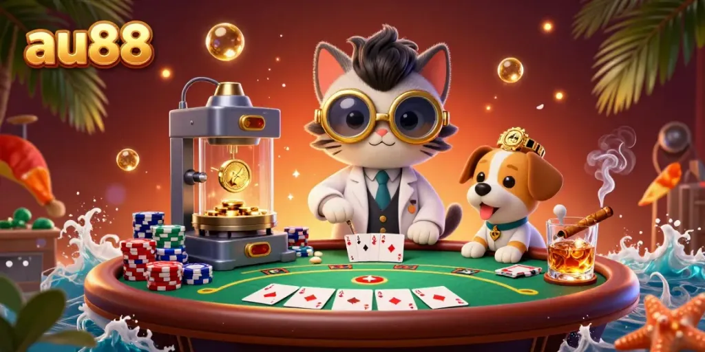 Engage with au88's vibrant gambling atmosphere featuring a cartoon scientist and dog amidst poker excitement.