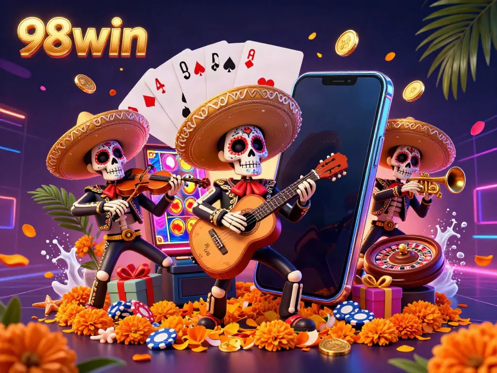 Engage with thrilling 98win casino experiences as skeleton mariachi players entertain amidst colorful gaming visuals.