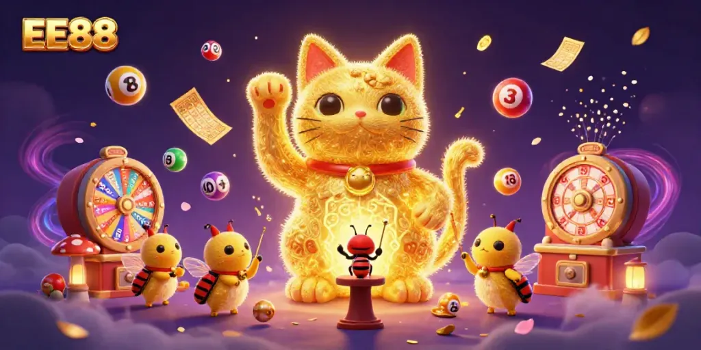 Experience the vibrant world of EE88 with a magical lucky cat animated by a conductor beetle, amidst casino elements.
