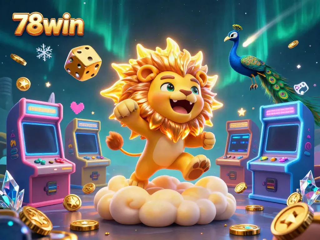 Experience thrilling gameplay at 78win with the vibrant sun lion, golden dice, and arcade elements in a casino-themed scene.