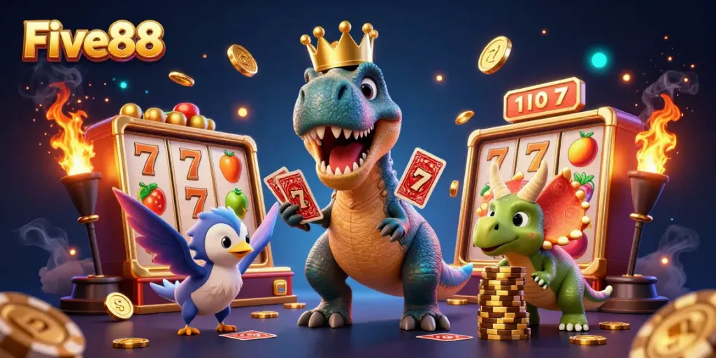 Experience thrilling gameplay at Five88 with vibrant 3D characters and slot game elements.