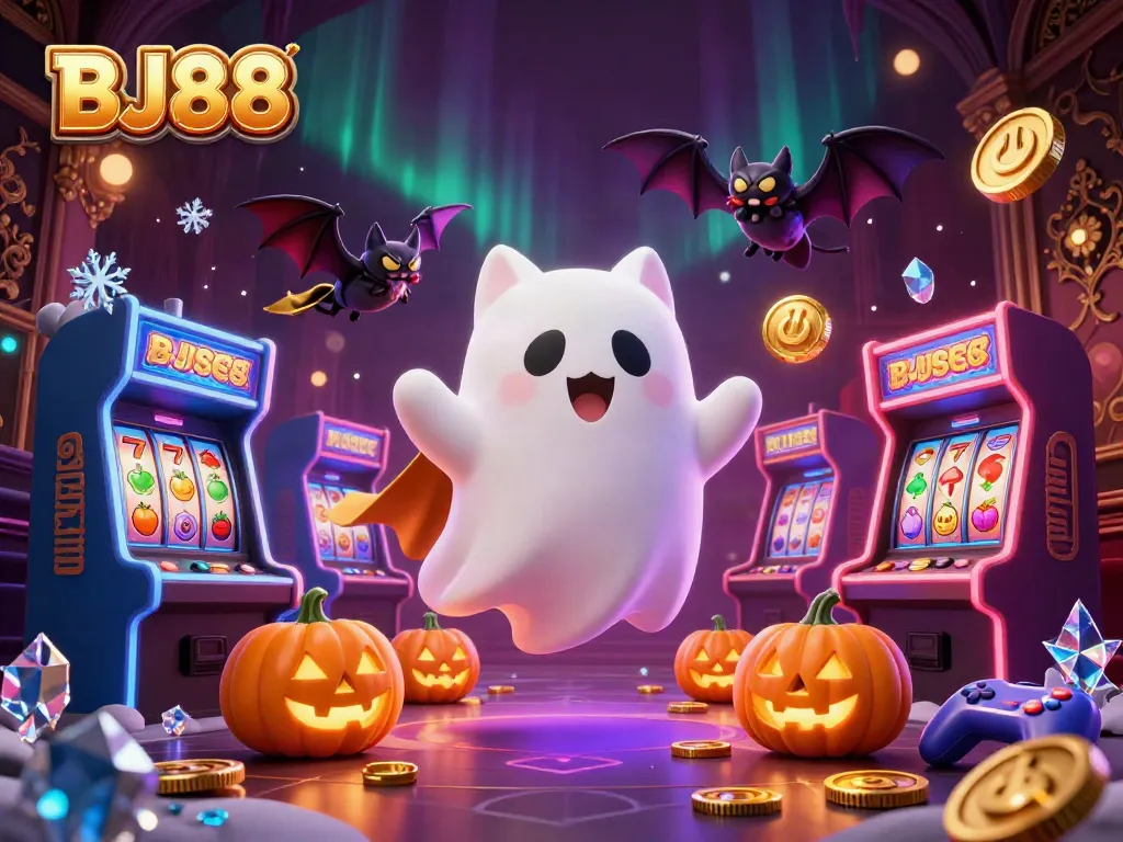 Engage with the ghostly thrills of BJ88, a vibrant haunted casino scene brimming with gaming energy.