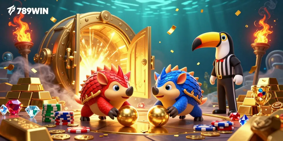 Experience the excitement of 789WIN with vibrant pangolins bowling through poker chips amid dazzling treasures.