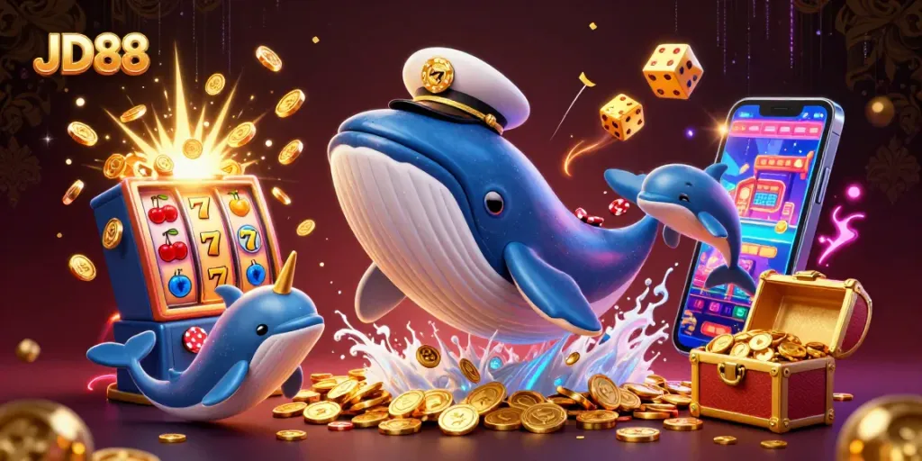 Engage with JD88's vibrant casino world featuring a whimsical whale, narwhal, and dolphins in a sea of coins.