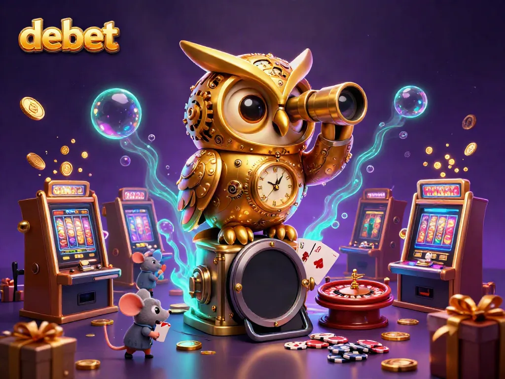 Engage in thrilling slot experiences at DEBET with a whimsical casino scene featuring a golden owl and playful mice.