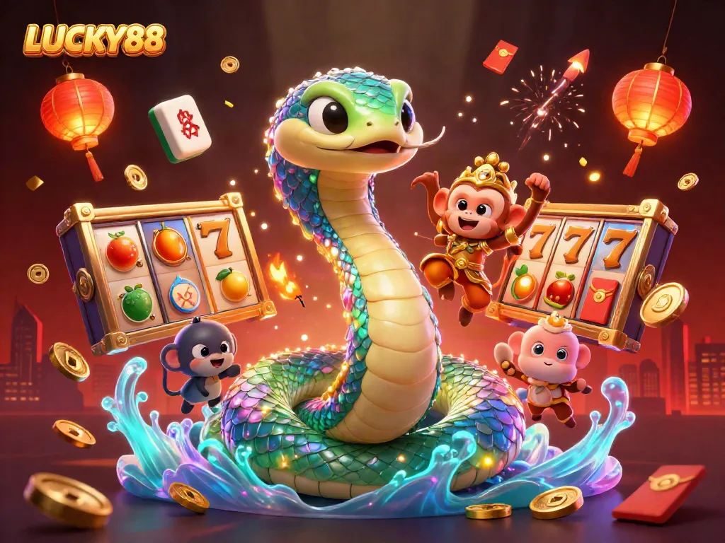 Experience thrilling gameplay with LUCKY88 amidst vibrant, dynamic casino elements in this enchanting illustration.
