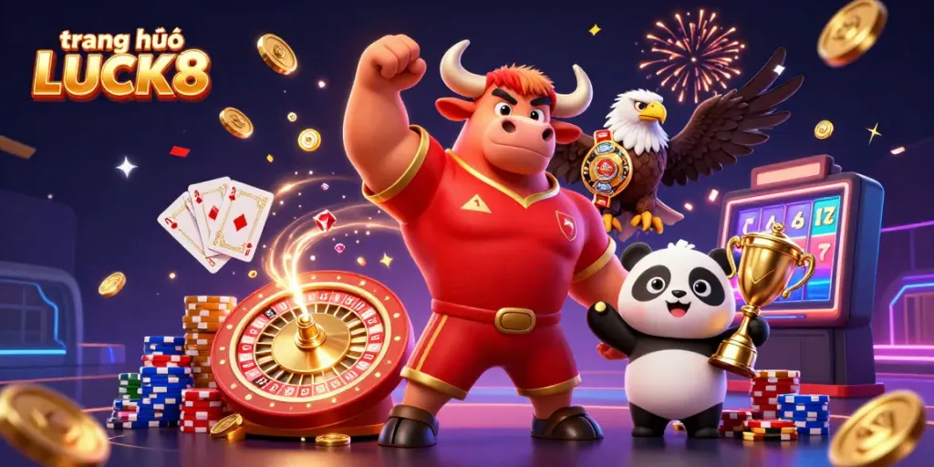 Engage in winning strategies at trang chủ LUCK8, featuring energetic mascots and vibrant casino elements.