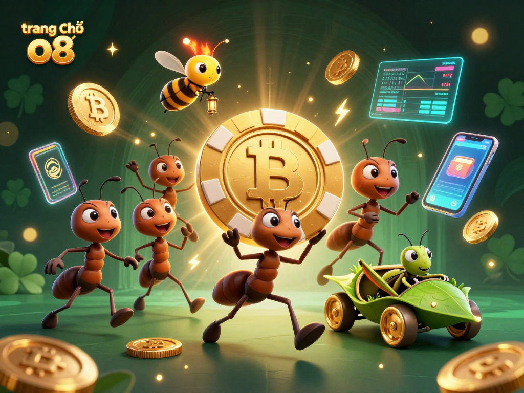 Explore the dynamic adventure on trang chủ o8 with ants carrying a poker chip and crypto elements.