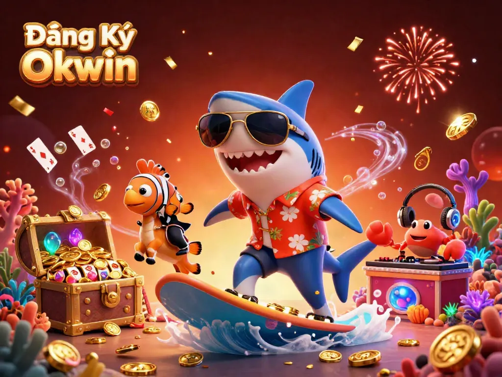 Engage in gaming fun with Đăng Ký Okwin, featuring a playful shark and lively underwater scene.