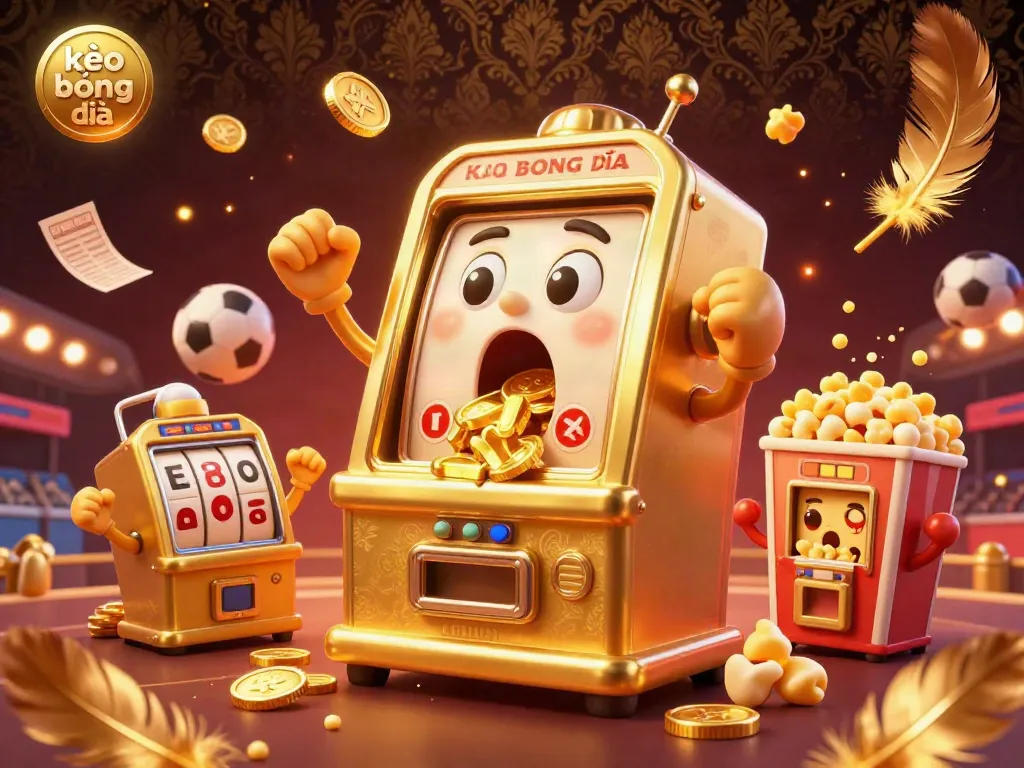 Engage in thrilling bets with the lively kèo bóng đá, featuring a shocked golden slot machine pouring coins amidst cheering machines.