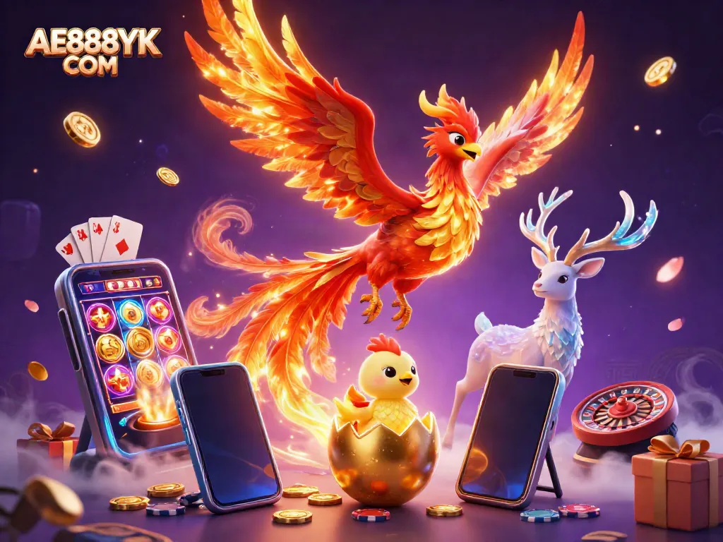 Engage in thrilling gaming action with AE888YK COM, featuring phoenixes and vibrant casino elements.