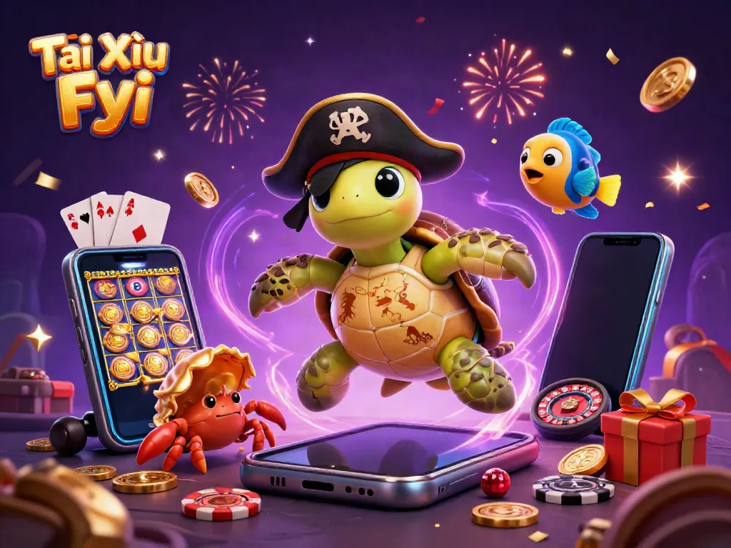 Tài Xỉu Fyi visualizes a pirate turtle, crab, and parrotfish celebrating winning slots and treasures.