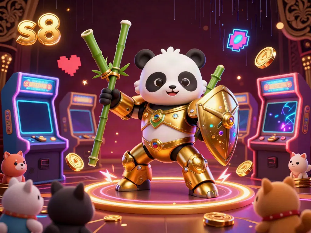 S8 golden panda in a casino arena with dynamic game elements showcasing excitement in online gambling.
