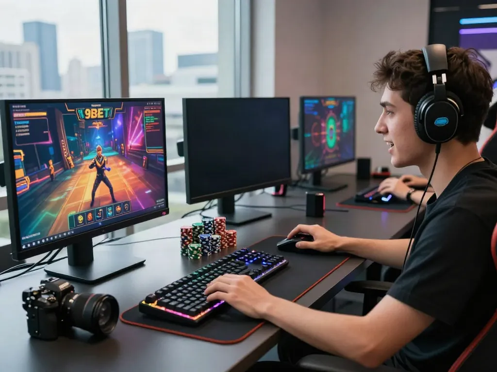 Excited player engaged with the thrilling games at 9bet.com, showcasing modern gaming equipment and vibrant atmosphere.