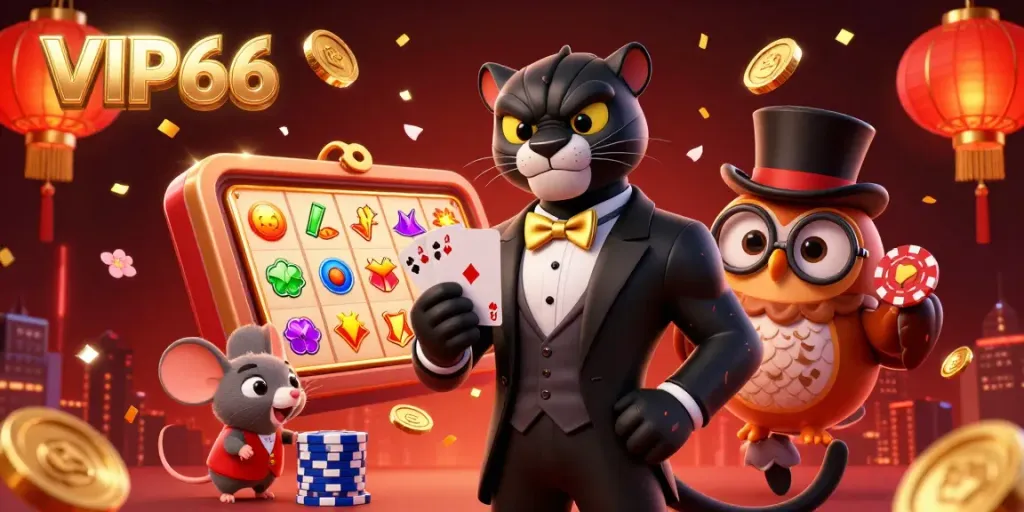 Experience the excitement of VIP66 gaming with a stylish panther dealer and vibrant casino elements.