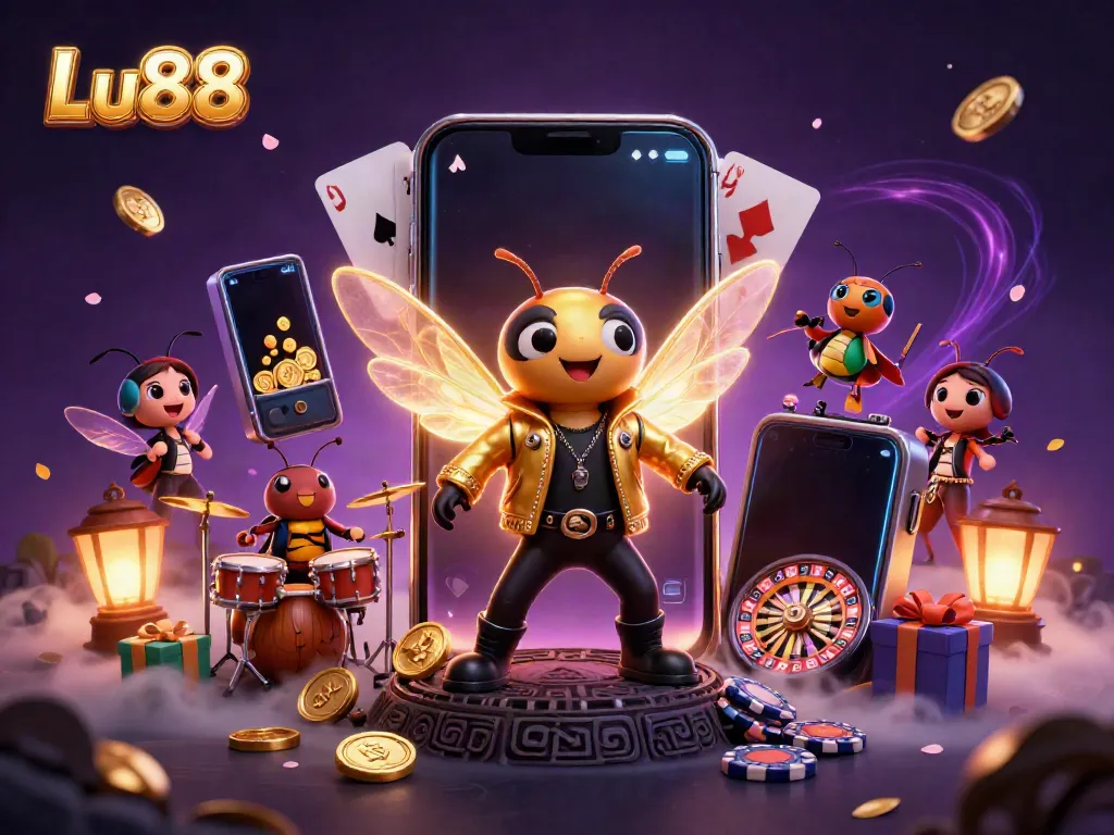 Experience thrilling gameplay with Lu88, featuring a rock star cicada and lively casino elements.