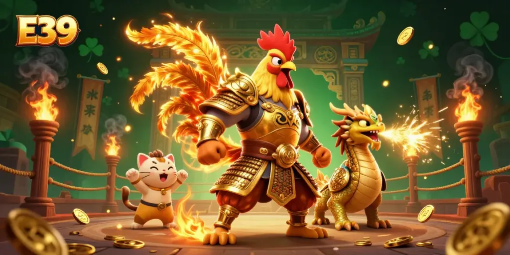 Experience thrilling E39 battles with a fighting rooster and dragon in an atmospheric casino arena.