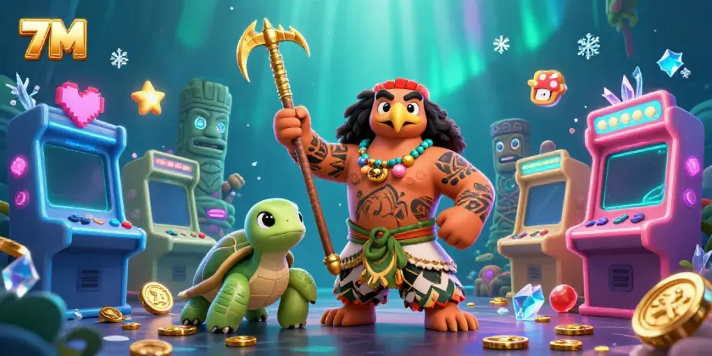 Bet on 7M with casino-inspired Polynesian characters and vibrant neon game elements