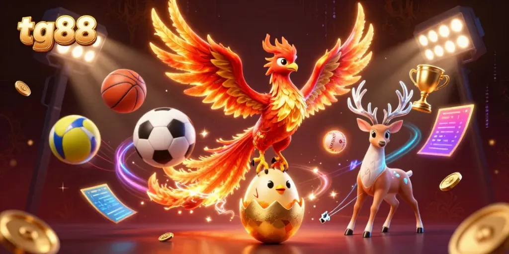 Experience the thrill of tg88 with a vibrant 3D phoenix scene in a dynamic gambling environment.