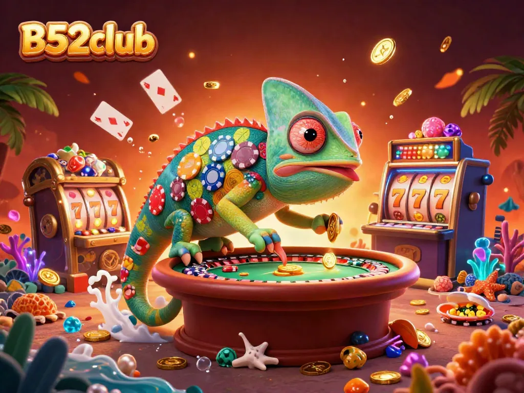 B52club's vibrant casino scene showcasing colorful game elements and a dynamic chameleon mascot.
