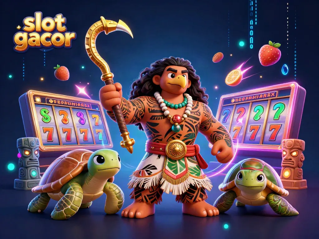 Experience slot gacor excitement with a tropical-themed casino scene featuring vibrant characters and casino elements.