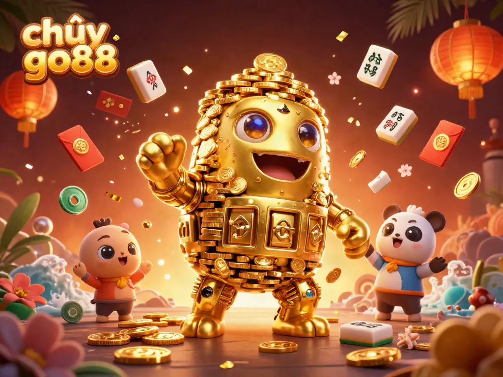 Experience the excitement of chơi go88 with a golden golem amidst vibrant casino elements.