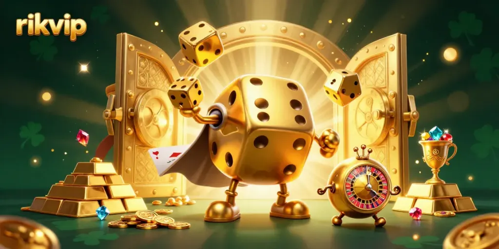 Experience thrilling gameplay with rikvip's dynamic golden dice golem juggling sparkling treasures in a captivating casino scene.