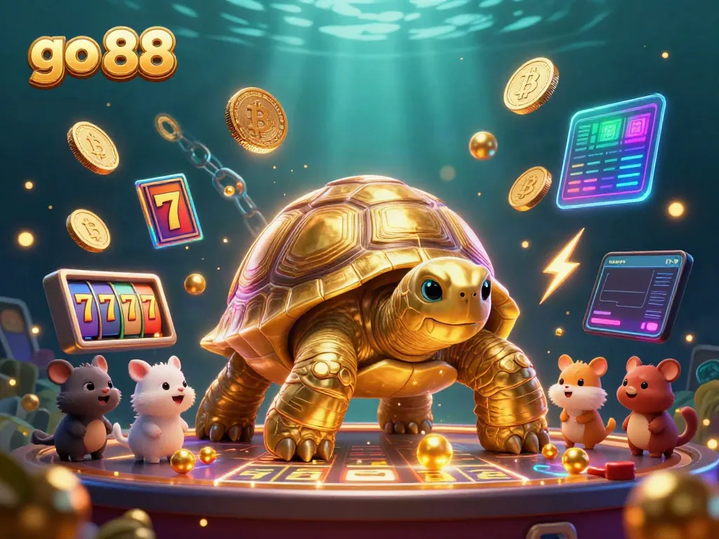 Experience the thrill of go 88 with a vibrant casino-inspired digital illustration, featuring a golden tortoise and exciting game elements.