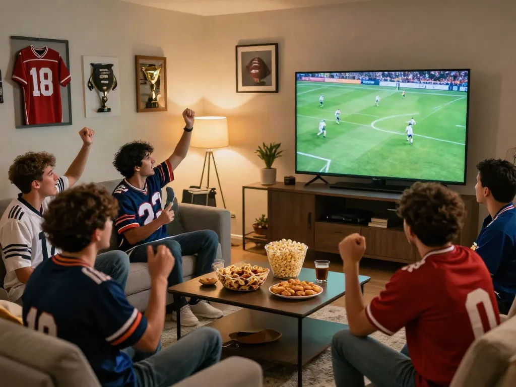 Xoilactv fans celebrating a football match in a cozy living room with Full HD screen.