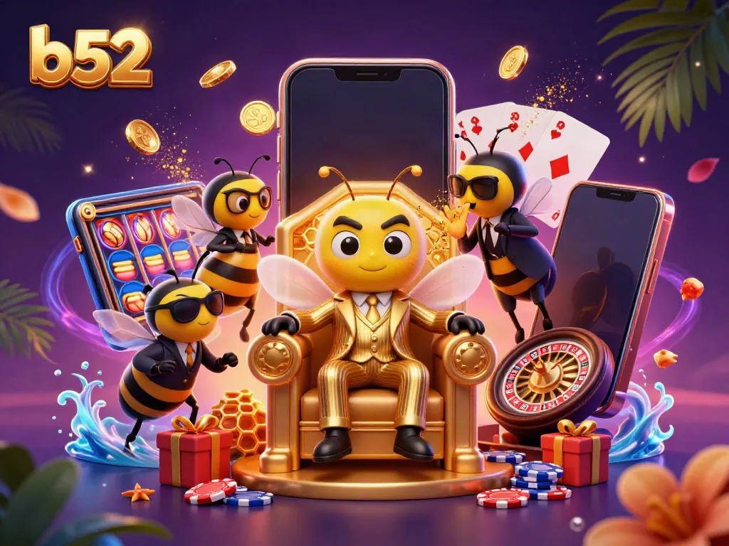 Engage in thrilling gaming experiences with b52 as colorful slot games and prize symbols burst around the charismatic bumblebee mob boss.