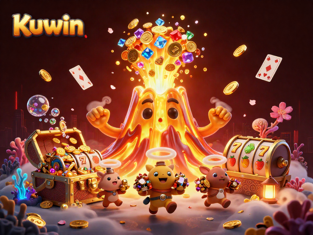 Kuwin players reel in treasures from a vibrant 3D casino scene filled with gold coins and dazzling gems.