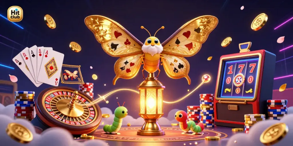 Experience exhilarating gambling with Hit club in an ultra-detailed 3D scene filled with golden coins and vibrant casino elements.