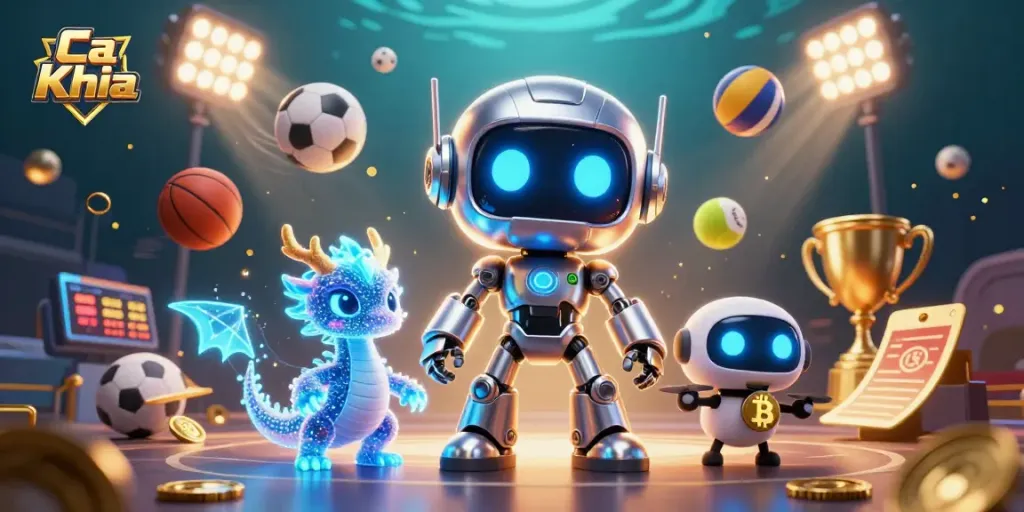 Place bets with Ca Khia amidst vibrant sports elements and dynamic gaming visuals.