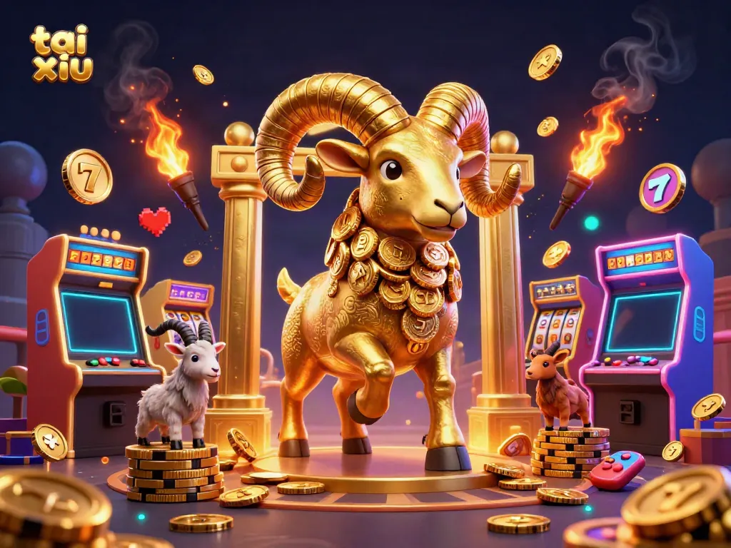 Experience thrilling tai xiu action with a massive golden ram charging through a vibrant casino world.