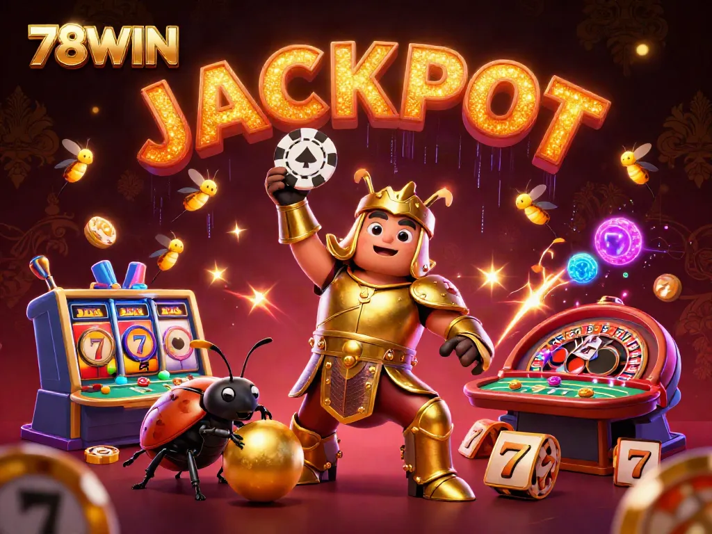 Experience thrilling wins with 78WIN through a dynamic 3D illustration featuring a victorious beetle holding a poker chip amidst vibrant casino elements.