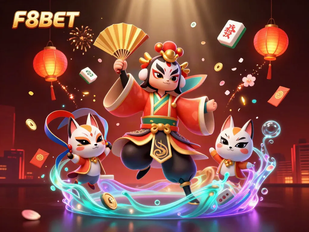 Experience the captivating F8BET gaming world with a dynamic 3D illustration of a kabuki warrior and kitsune.