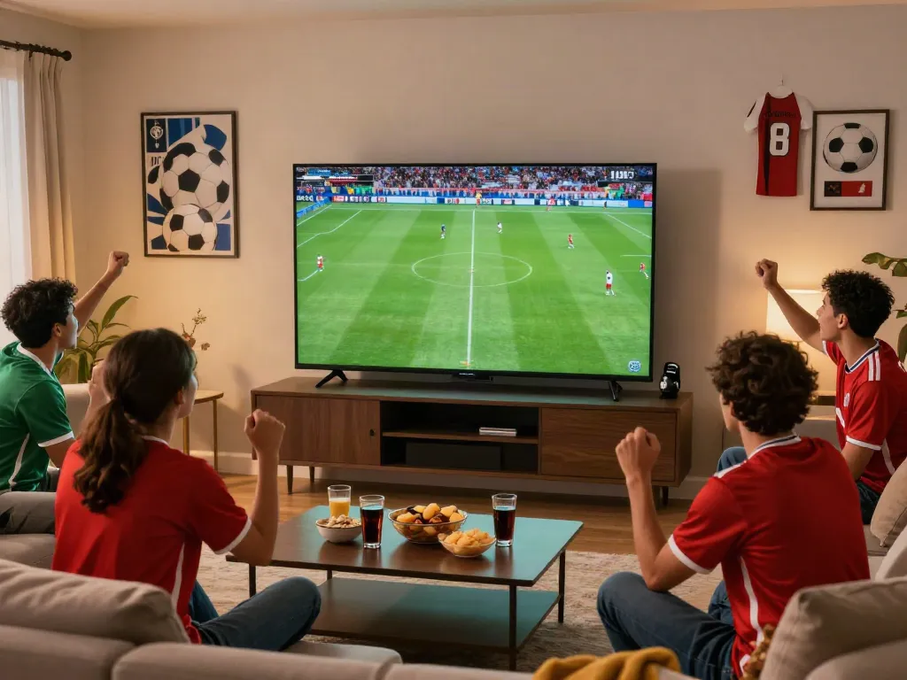 Friends celebrating while watching Gavangtv live football match at home with snacks and drinks.