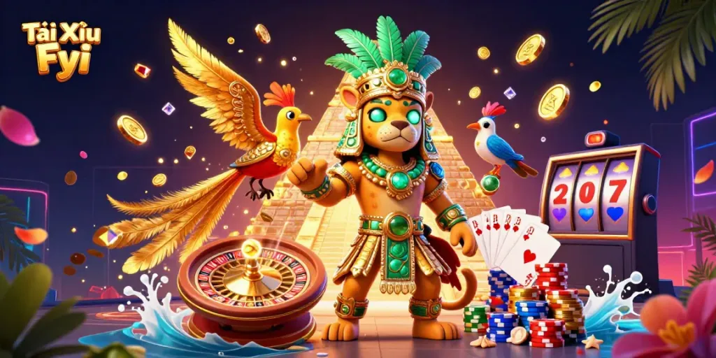 Tài Xỉu Fyi showcases a vibrant Mayan casino scene with a jaguar priest, quetzal bird, and dynamic gaming elements.