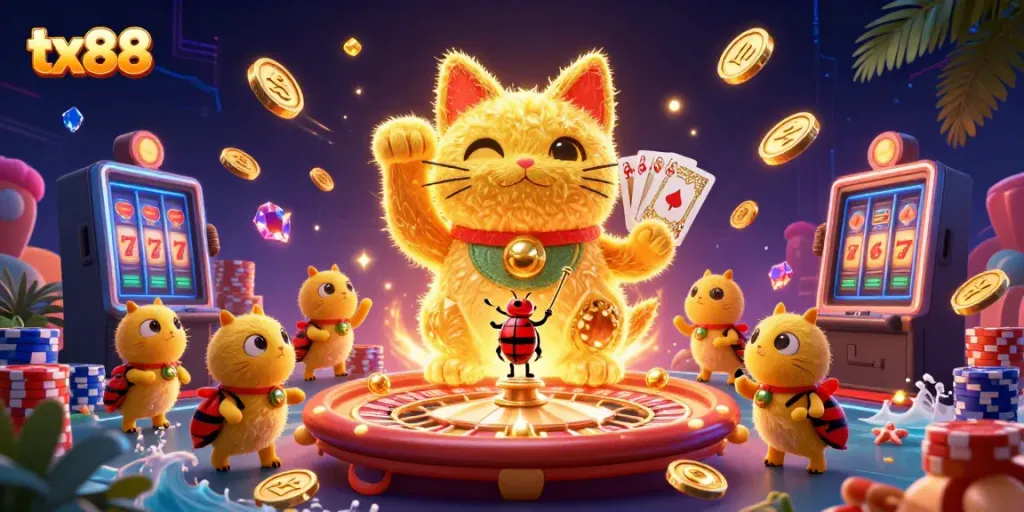 Engage in thrilling betting action at tx88 with a vibrant casino-themed illustration featuring lucky symbols and dynamic characters.
