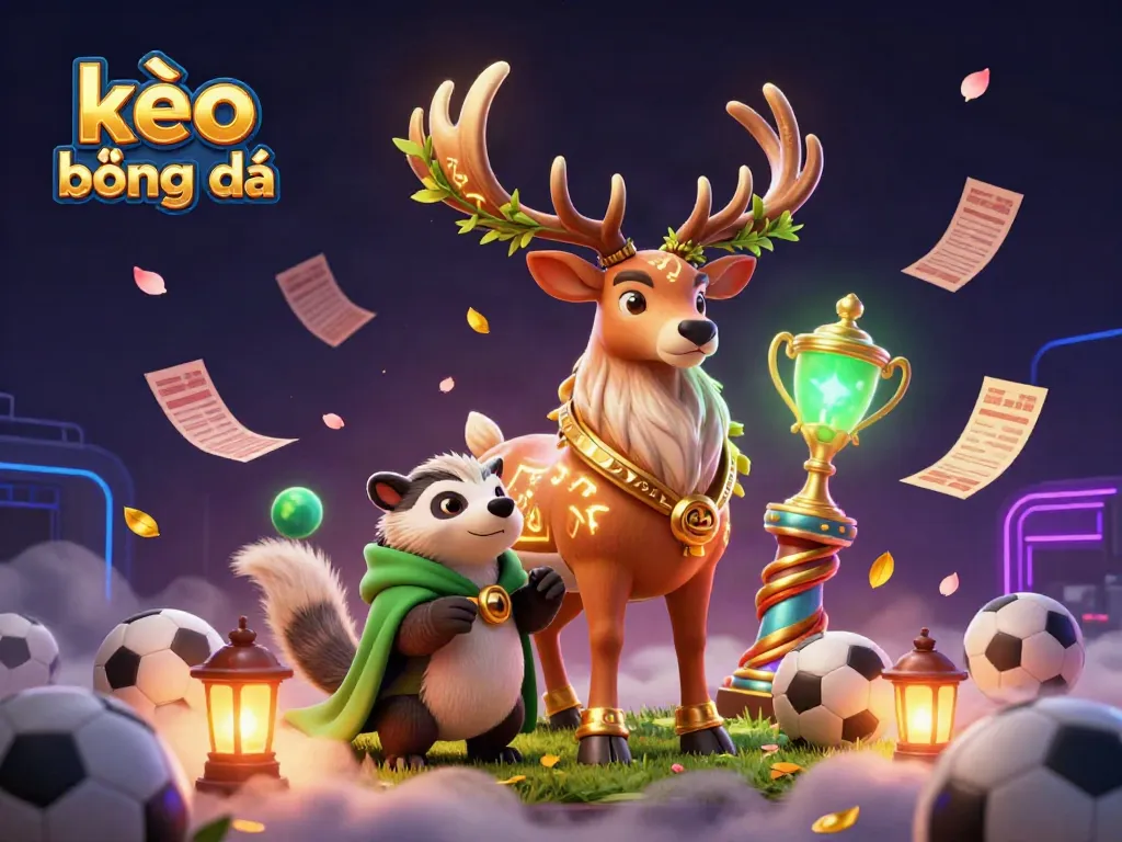 Engage in kèo bóng đá with dynamic sports betting scene featuring characters and elements of fortune.