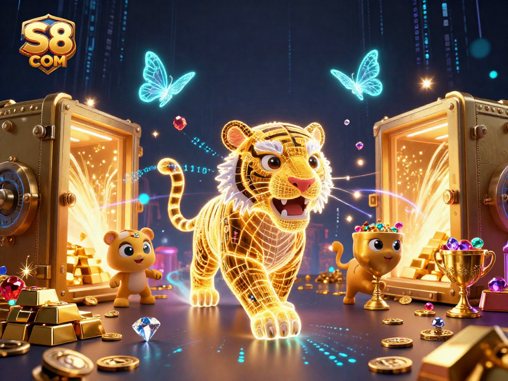 Shoot to win at S8 COM with a vibrant casino scene featuring a golden tiger and treasures.